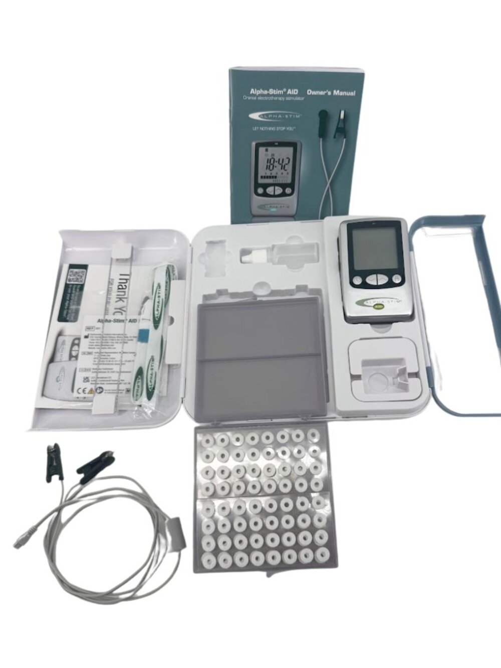 Alpha-Stim AID device, earclips, felt pads, case & more